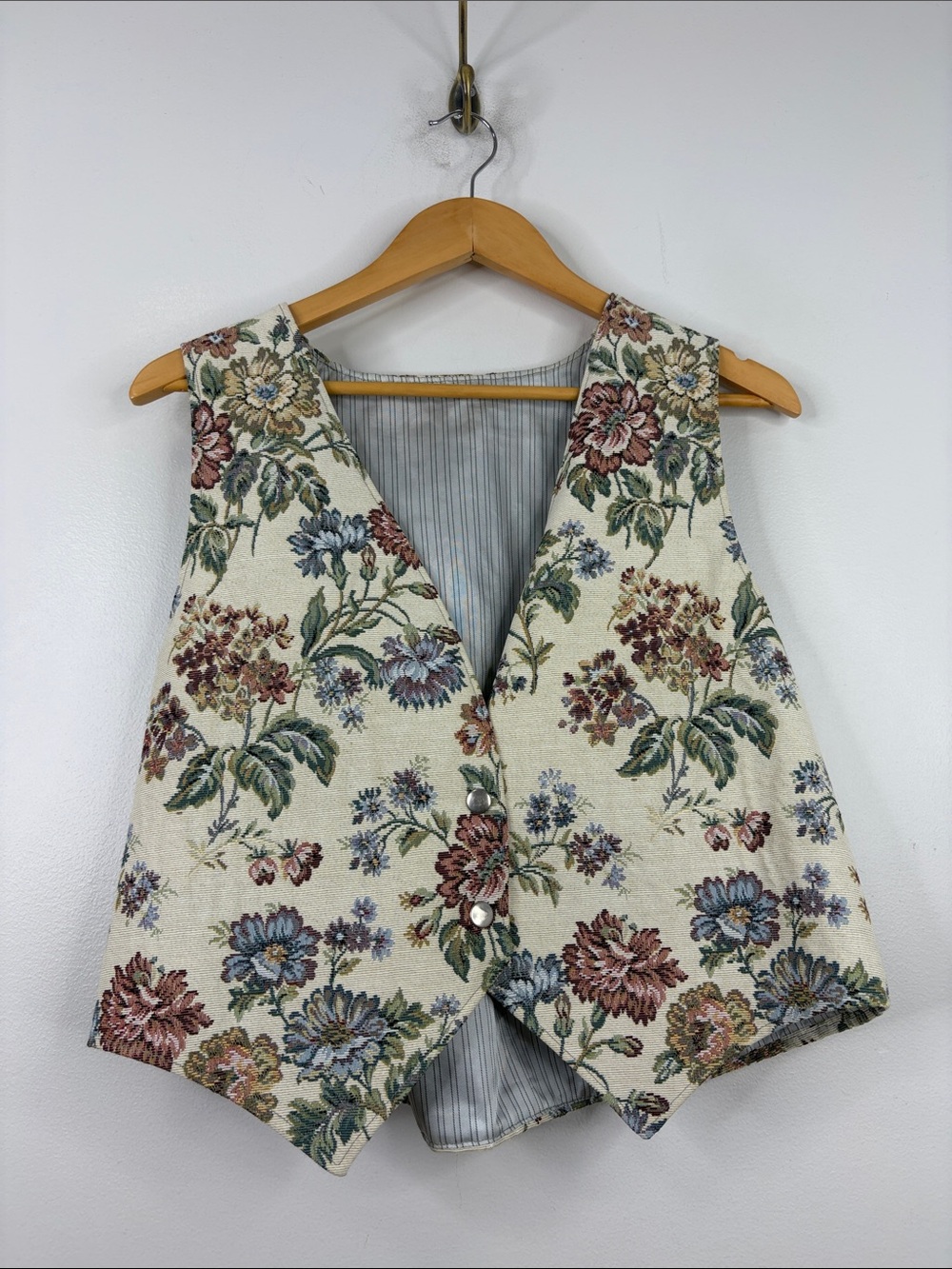 Handmade Tapestry Vest Womens Large Cream Pink Blue 90s Preppy Floral Waistcoat